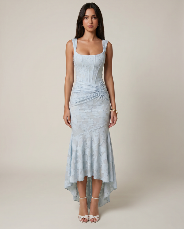 Mist | Light Blue Lace Corset Asymmetric High Low Maxi Dress
