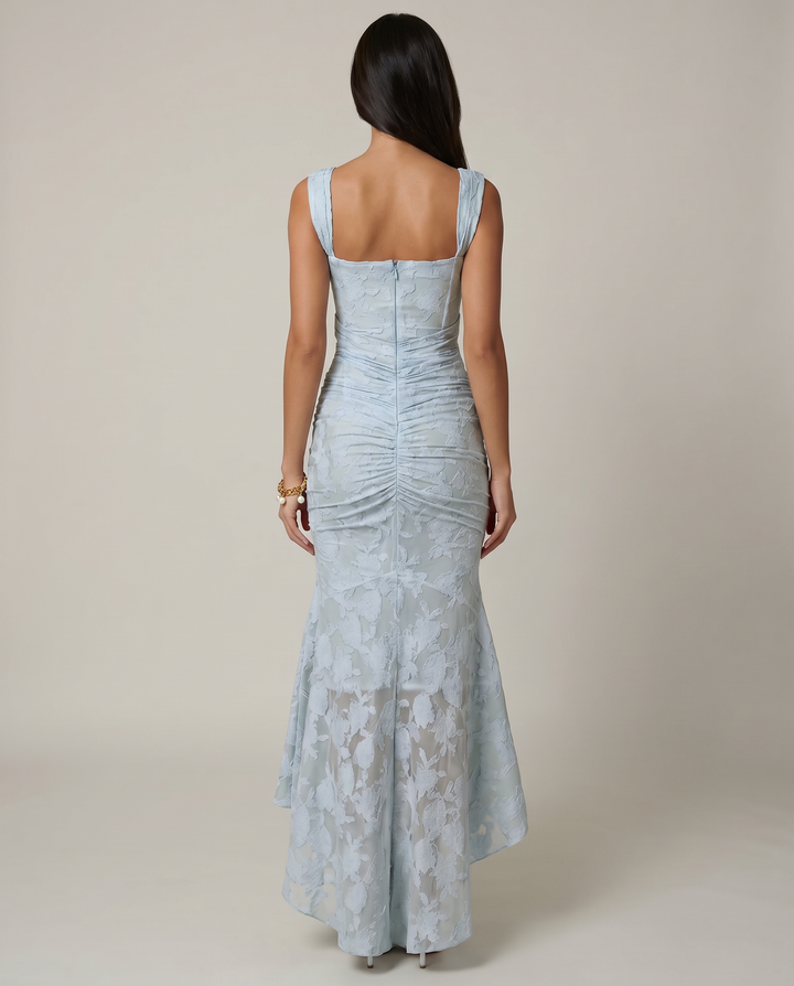 Mist | Light Blue Lace Corset Asymmetric High Low Maxi Dress