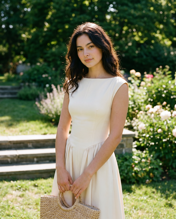 Dote | Cream Boat Neck Sleeveless Drop Waist Flared Midi Dress
