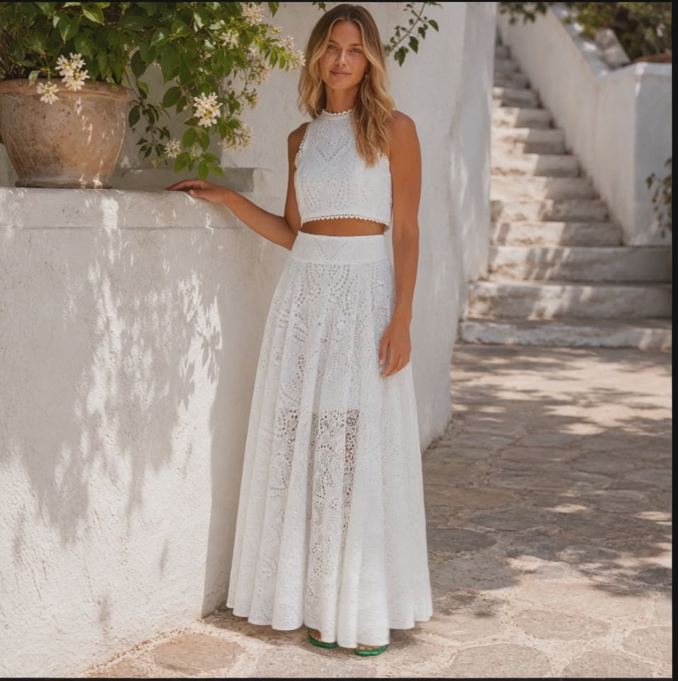 Sigh | White Floral Cutout Crop Top Maxi Skirt Two Piece Set