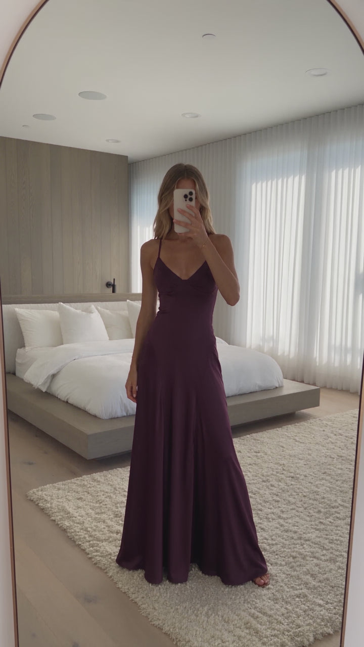 Muse | Eggplant Purple Satin Lace Up Back Maxi Dress