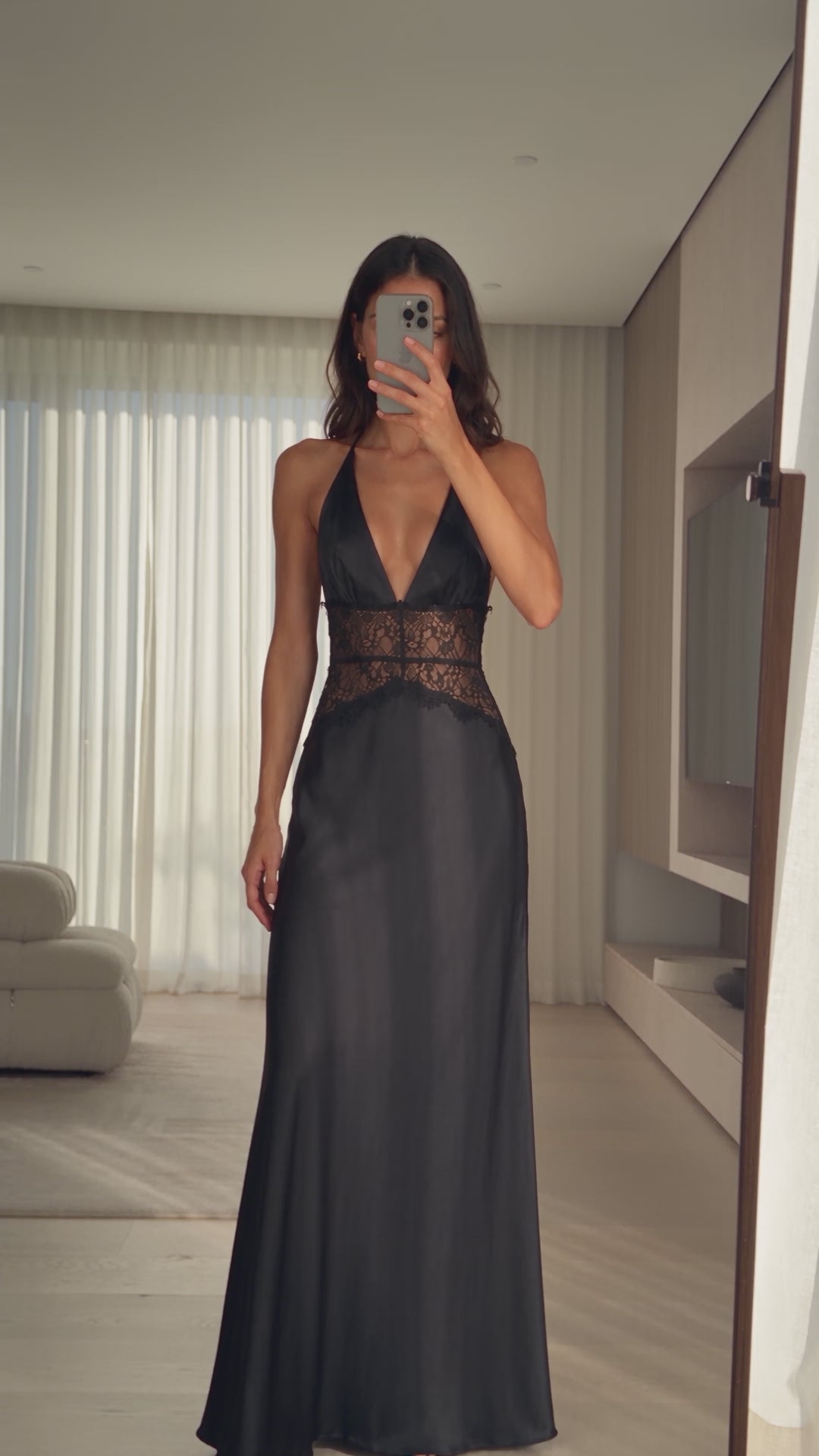 Smoke | Black Satin Halter Lace Maxi Dress