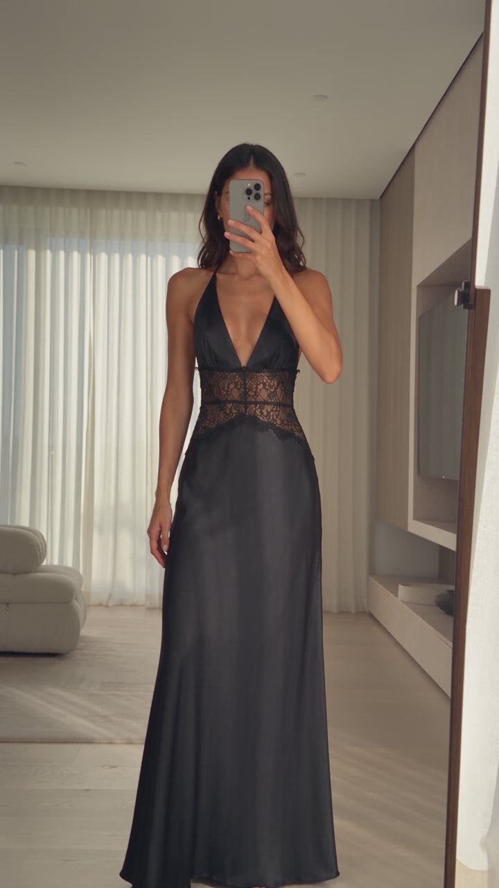 Smoke | Black Satin Halter Lace Maxi Dress