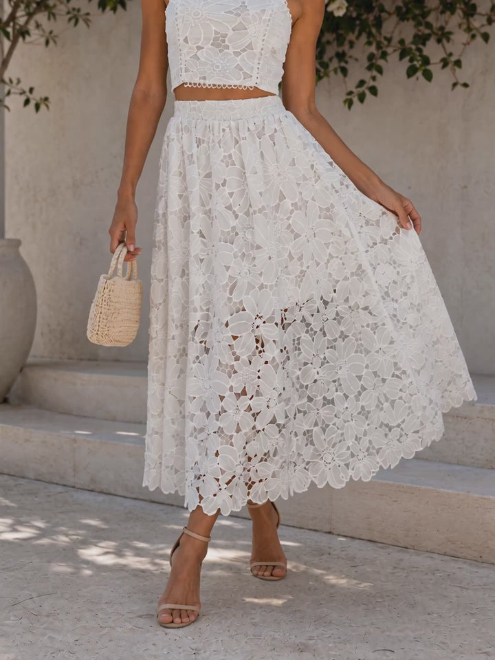 Blush | White Floral Lace Two Piece Maxi Skirt Set